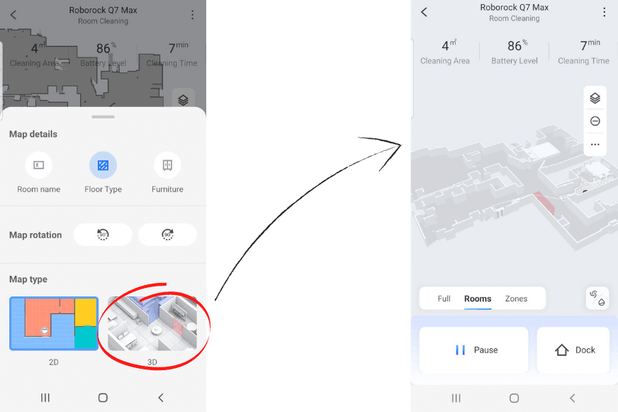 3D Kartenansicht ist in der Roborock Q7 Max App ausgewählt